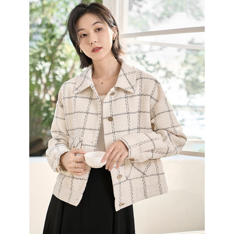 INMAN Women Coat 2023 Spring Long Sleeve Polo Neck Loose Jacket Classic Plaid Print High Quality Fabric Elegant Outwear Tops