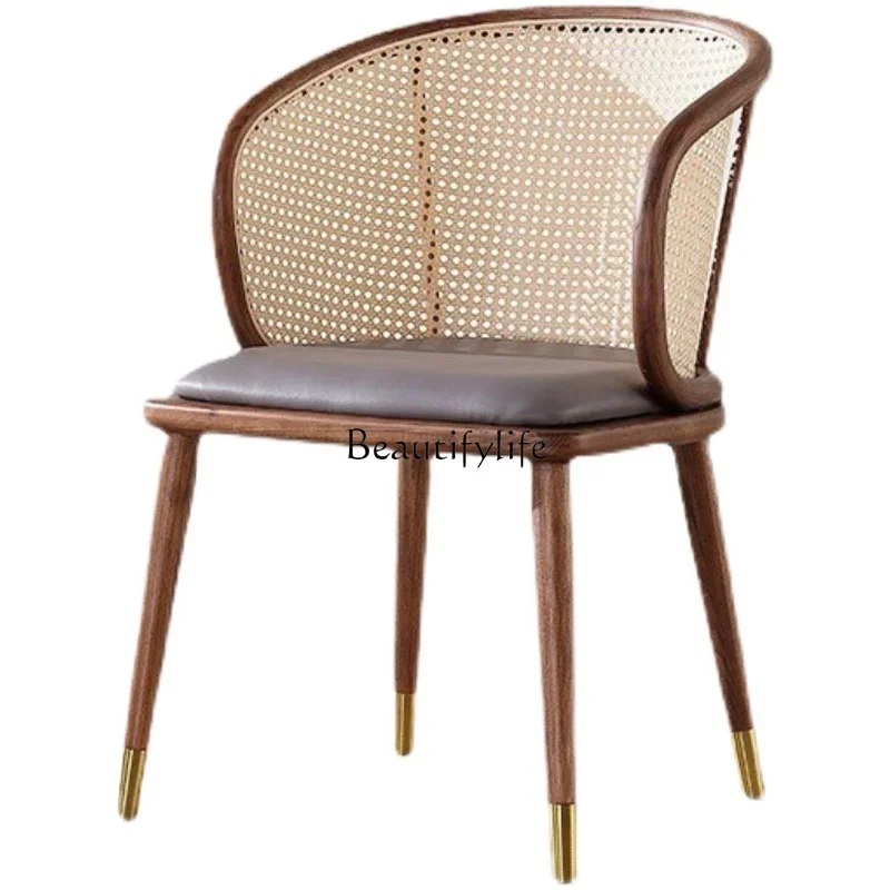 

Nordic solid wood soft bag dining chair restaurant hotel rattan back chair designer rattan chair with armrest