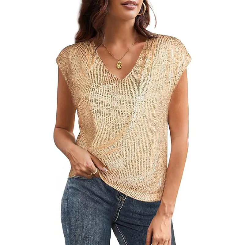 

Summer Fashion Sequined Sleeveless V-neck T-shirt Top For Women's Casual Pearl Sequined Solid Color Temperament Vest Top