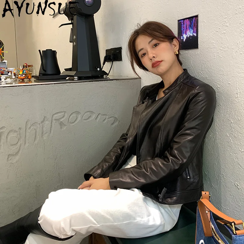 AYUNSUE Skórzana Kurtka Damska Motocyklowa Wiosna Jesień Odzież Prawdziwa Skóra Owcza Płaszcze Damskie 2025 Jaqueta De Couro