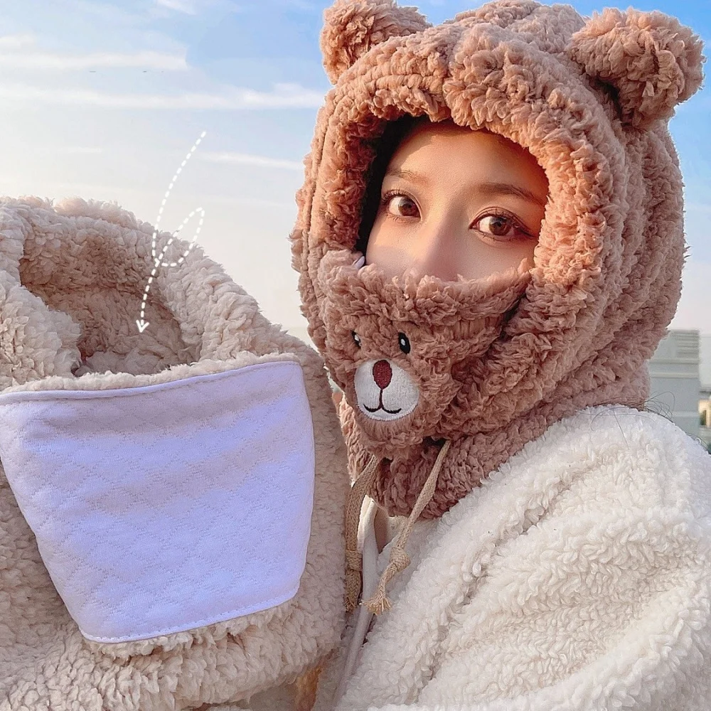 Women Winter Beanies Cap Cute Bear Ear Plush Hat Scarf Face Mask Set Baby Thick Warm Hood Cap Outdoor Windproof Hats