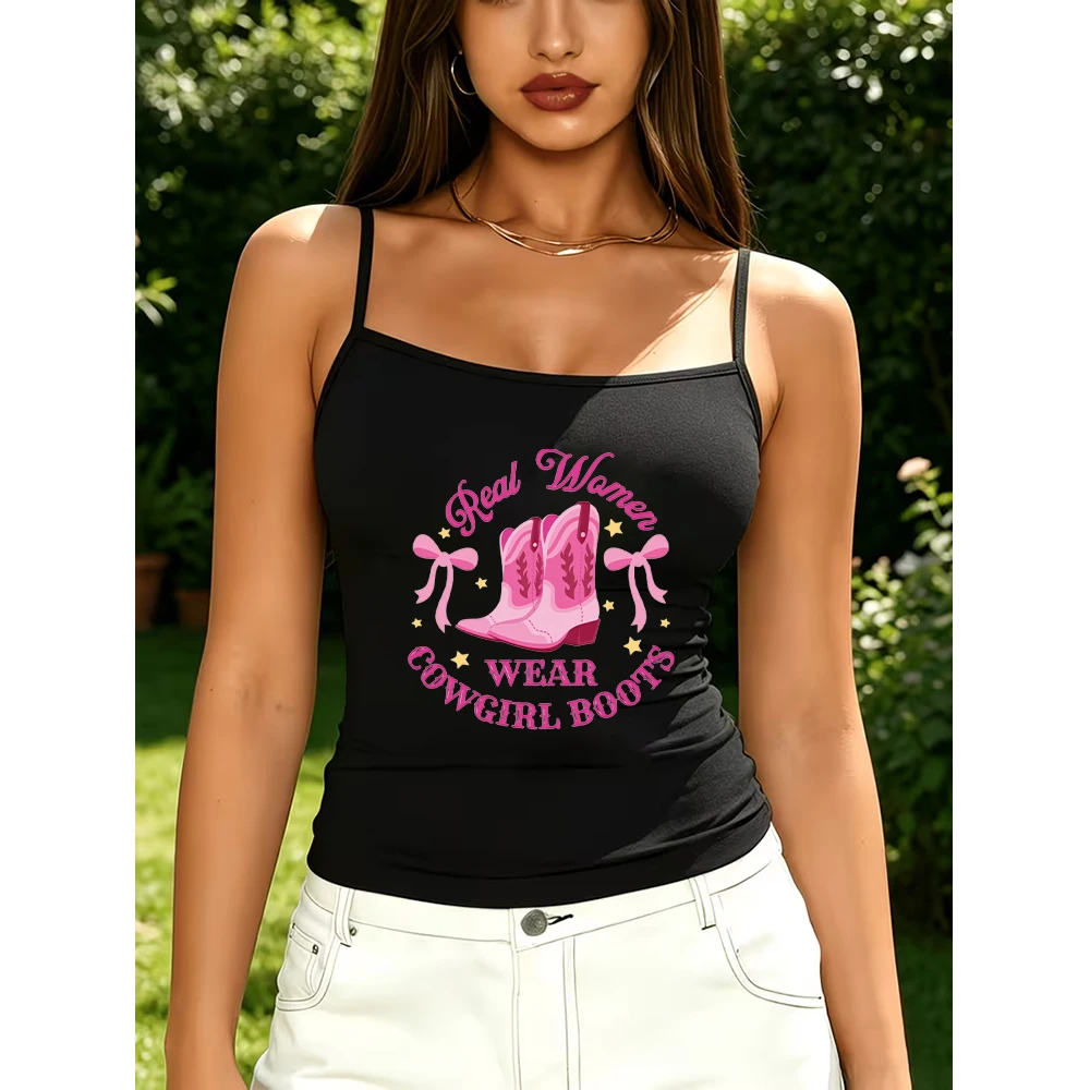 Y2K Graphic Camisole Women Real Women Wear Cowgirl Boots Print Tank Top Vintage Western Cowboy Slim Fit Pink Bow Ribbed Cami
