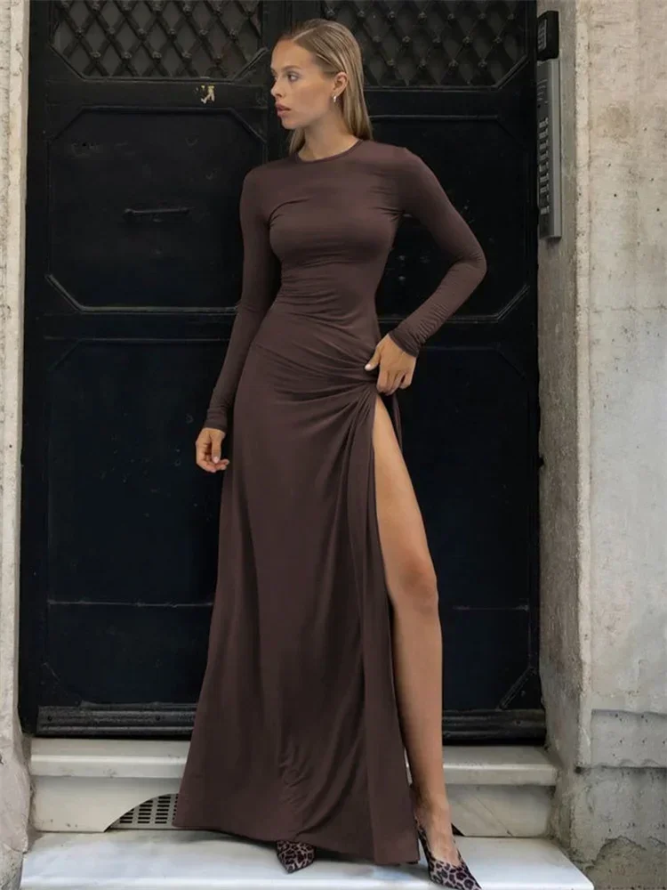 Geplooide magere sexy maxi-jurk dames hoge split mode lange mouw patchwork uitgeholde jurk vrouwelijke effen lange jurk