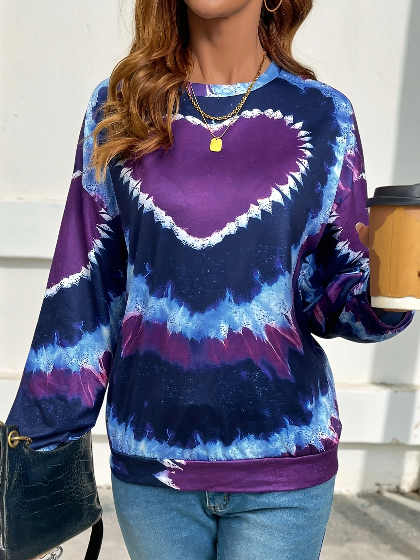 Women Tie‑Dye Heart Print Long Sleeve Sweatshirt Crew Neck Casual Loose Pullover