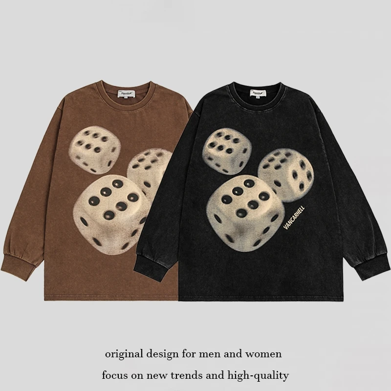 

Fall Winter 2023 New Dice Print Sweatshirt For Men And Women Vintage Cotton Oversized Y2K Casual Loose Long Sleeve Couple's Tops