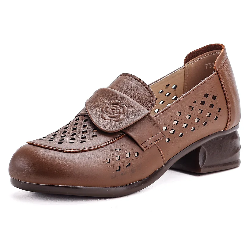 

Latest Embossed Rose Pumps Shoes for Women Genuine Leather Heels Woman Chunky Block Low Heeled Shoes Ladies Hollow Out Pumps