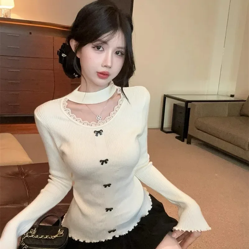 

Женская одежда, весенне-осенняя модная кружевная лоскутная однотонная женская модная вязаная пуловер с бантом и длинными рукавами