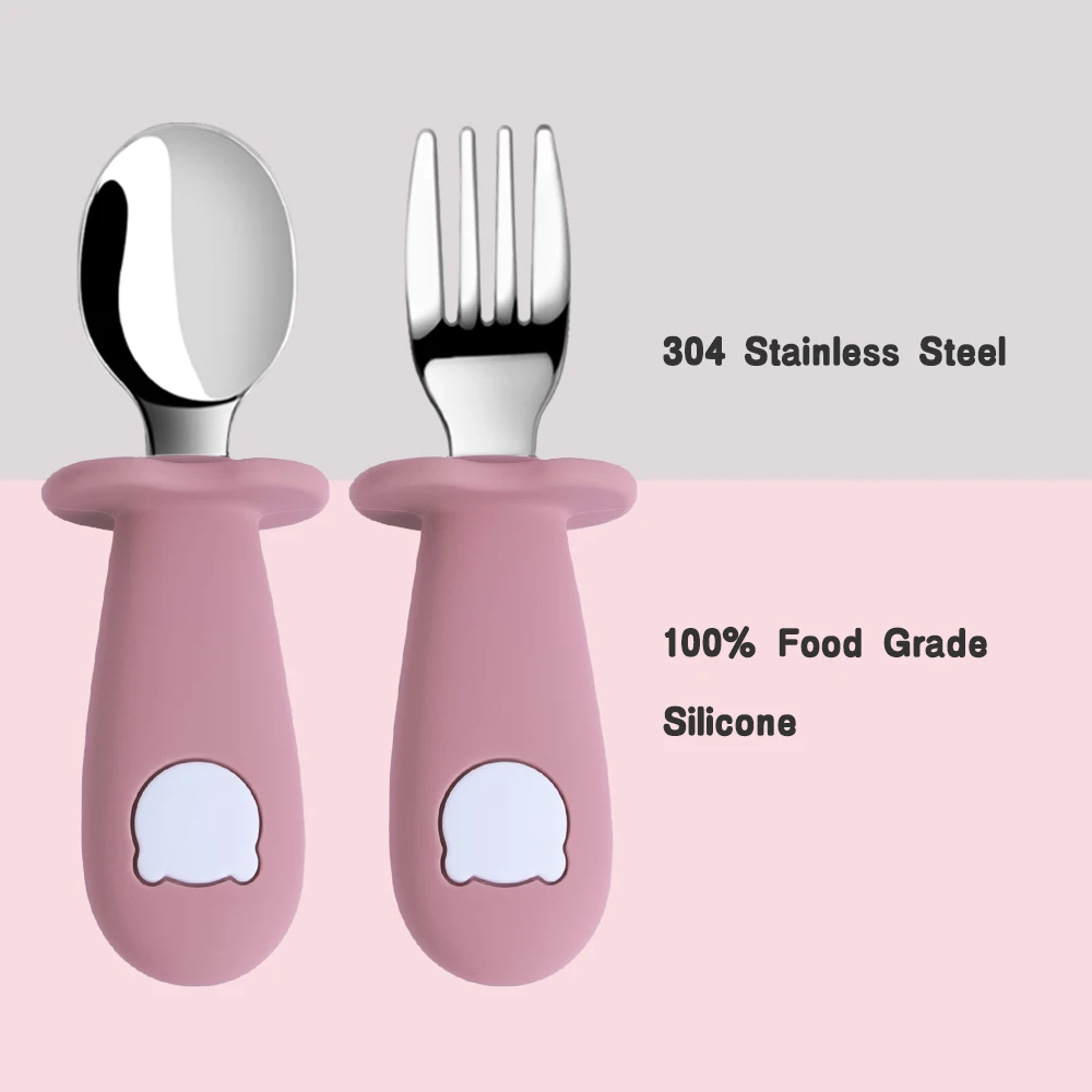 Baby Feeding Solid Food Spoon Fork Set BPA Free Silicone Handle Cartoon Bear Stainless Utensil Children's Tableware