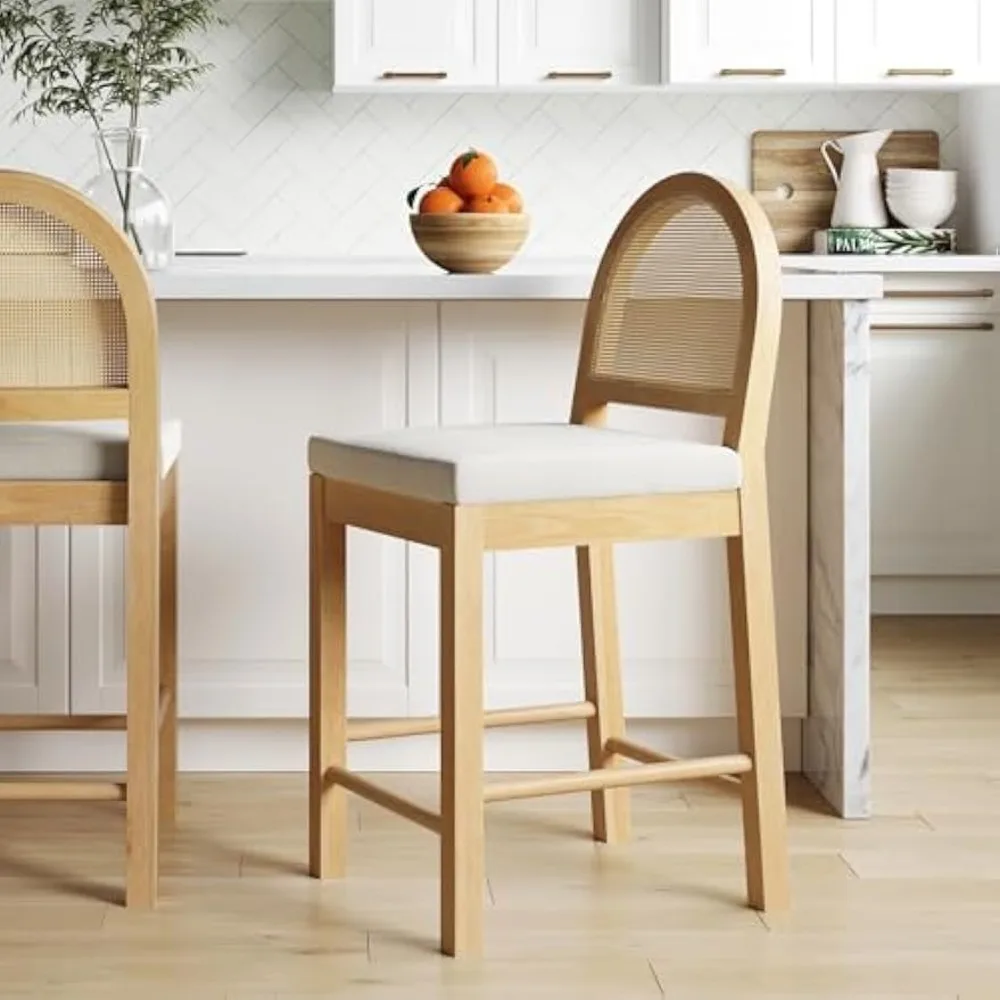 

Upholstered Rattan Bar Stool in Oak Finish Frame, Counter Height Stool with Natural Rattan Woven Back For Kitchen Island