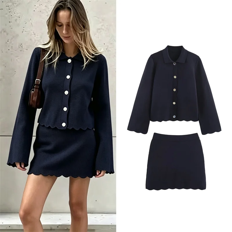 Guobioziy Women's Set 2026 Fall/Winter New Fashionable Versatile Lapel Wavy Edge Knit Jacket with Matching Knit Mini Skirt