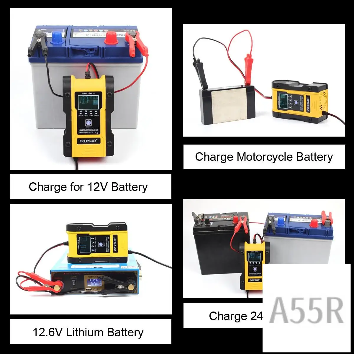 

5R-FOXSUR 12V/24V Car Battery Charger 6A 12.6V Lithium Battery Charger Smart Battery Charger For Motorcycle