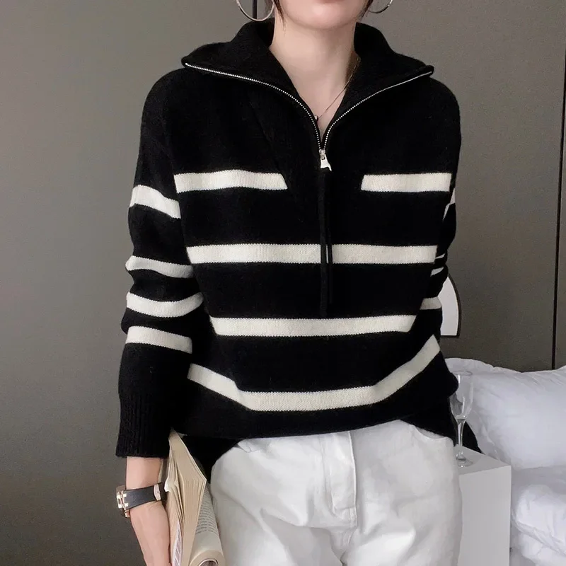 Designed striped Polo collar half-zip sweater for women in autumn and winter new loose lazy style color-blocked sweater top