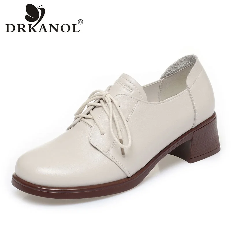 DRKANOL Women Genuine Leather Shoes Lace-Up Round Toe Soft Bottom Thick Heel Leisure Pumps Solid Color Office Shoes Big Size 42