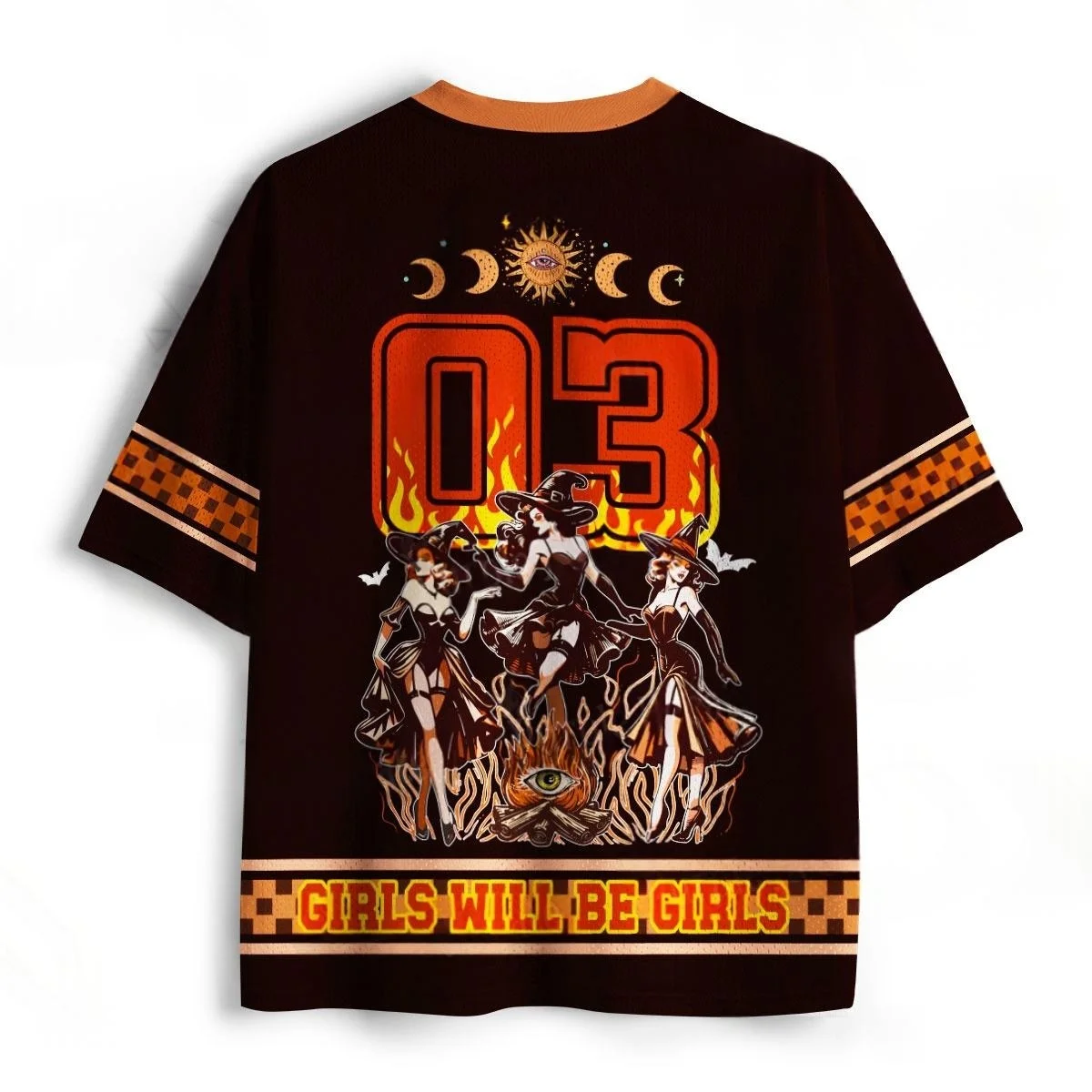 03 Number Retro Witch Girls Will Be Girls Football Jersey Flame Moon Eye Print V Neck Short Sleeve Halloween Gothic Sports Tee