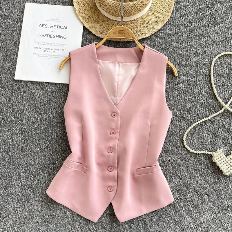 Summer Women V-neck Suit Sleeveless Femme Casual Short Waistcoat Top Korean Ladies Fashion Solid Color Cardigan Vest Coat