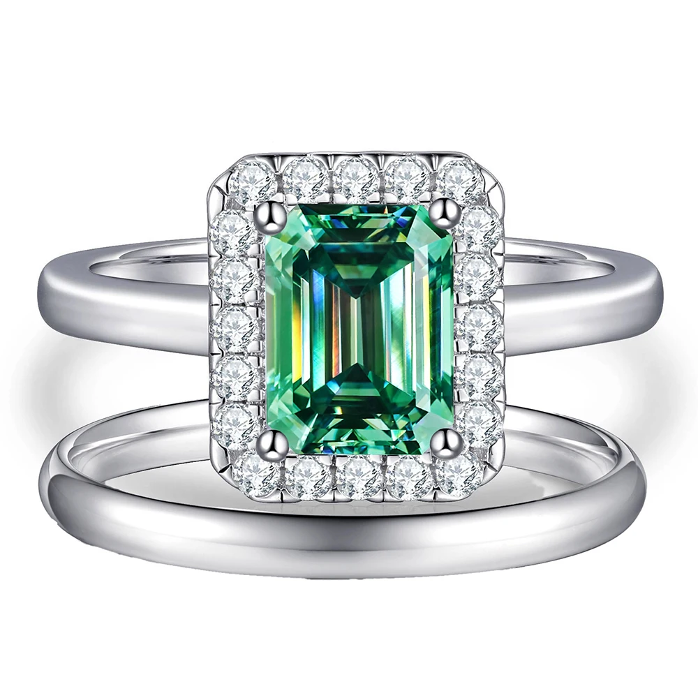 100% 2ct Emerald Moissanite Two Rings 6x8MM with Certificate Passed Diamond Test Women Jewelry Gift S925 Silver
