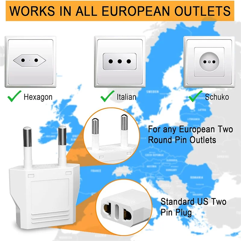 Adaptador de tomada europeu 20 peças eua para europa adaptador de tomada, adaptador de tomada tipo c de viagem europeia, conversor de energia europa plugue ue