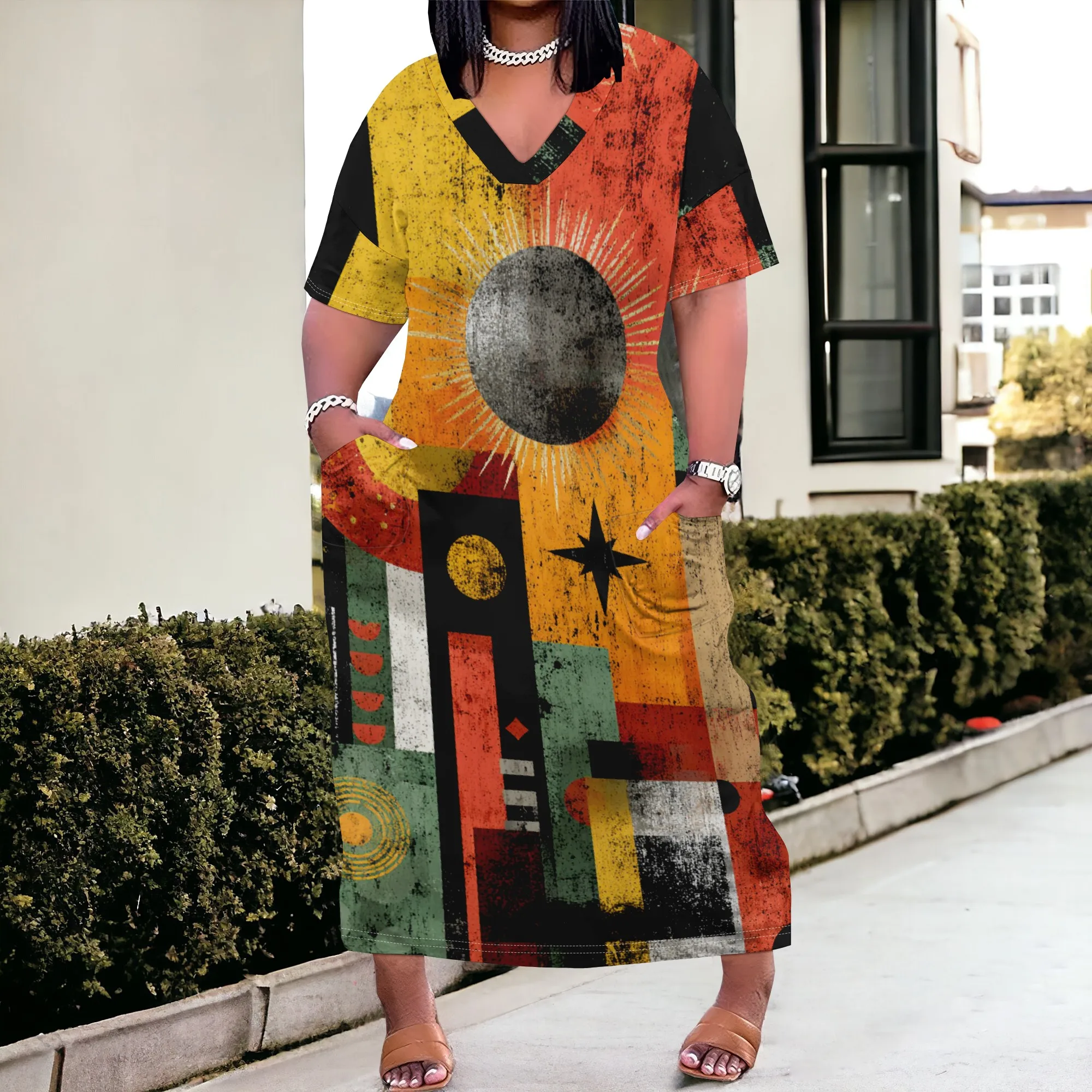 

Plus Size Women's Vintage Print Maxi Dress Abstract Sun Print Loose Summer Sundress with Pockets XL-6XL