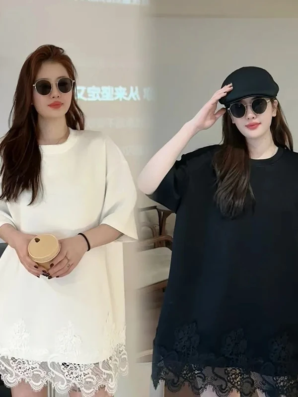Slimming Large Size Lace Hem Short Sleeve Summer T-Shirt Loose Butt Covering Ribcage Exposing Fashionable Mid-Length Top
