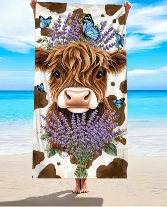 Highland Cow Beach Towel, Microfiber Large Sand Free Quick Dry, Sunflower Butterfly Farm Animal Design, Soft Absorbent