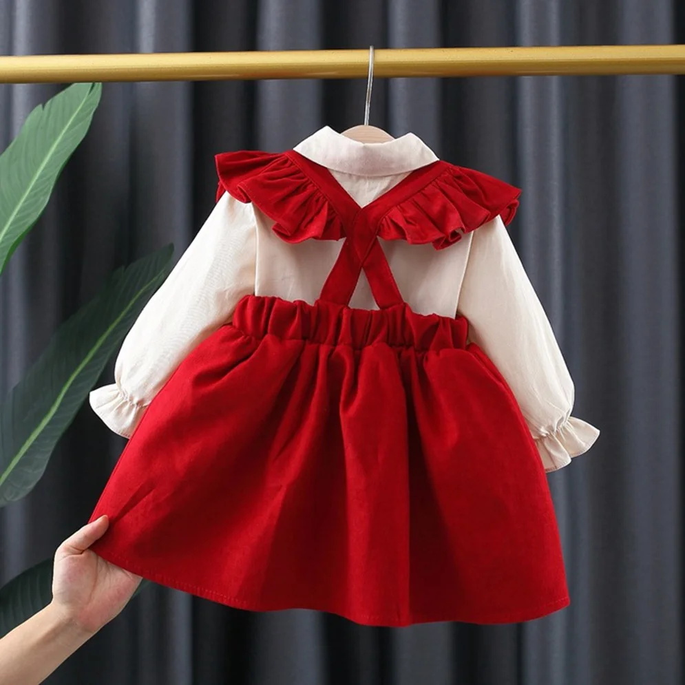 Long Sleeve TShirt Infant Dresses 1-4 Year Girls Outfits Set Girl Baby Spring Clothes Set Red Romantic Lovely Sweet Kids Dress