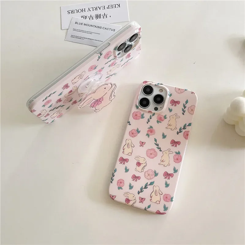 Słodki różowy króliczek muszka Kwiat bracket kreskówka Etui na telefon do iPhone'a 16 15 14 13 11 12 Pro Max Xr 14 Plus etui Cute Soft Cover