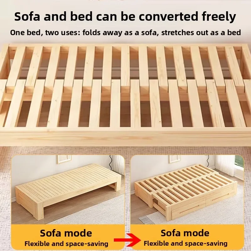 Folding Sofa Bed Solid Wood Convertible Couch Single Pull‑Out Telescopic Bed For Small Living Room Home Tatami Use