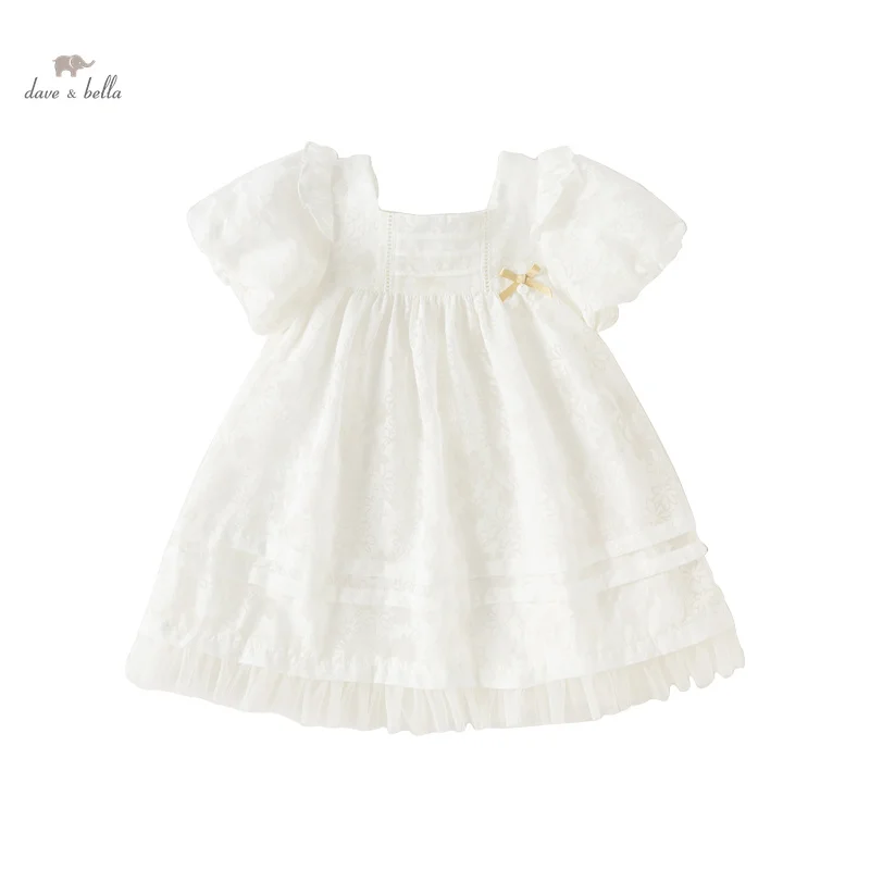 Dave Bella Children's Princess Dress for Girls 2024 New Summer Puff Sleeves White Mesh Charm Noble Cute Sweet Party DB2240540