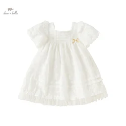 Dave Bella Children's Princess Dress for Girls 2024 New Summer Puff Sleeves White Mesh Charm Noble Cute Sweet Party DB2240540