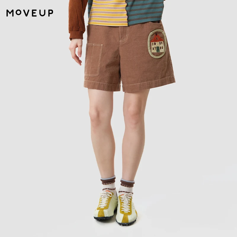 MOVEUP 100 Cotton Elastic Waist Shorts 2026 Autumn House Embroidery Patch Multi Pocket Shorts Loose Casual Short Pants 3ELQ20121