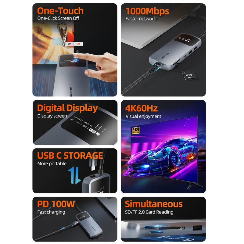 CABLETIME 10 IN 1 MST USB C HUB 8K@30Hz HDMI One-Touch 10Gbps Transfer RJ45 1000Mbps PD100W for Laptop Macbook Adapter