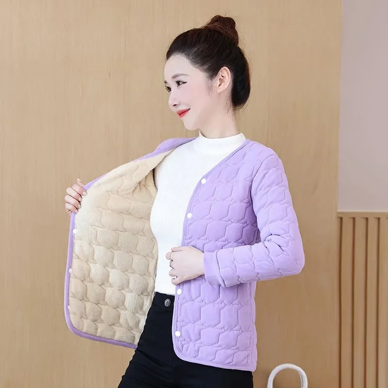 Women Round Neck Fleece Lined Inner Wear Coat Lightweight Warm Imitation Silk Padded Jacket Thermal Winter Underwear Outerwear