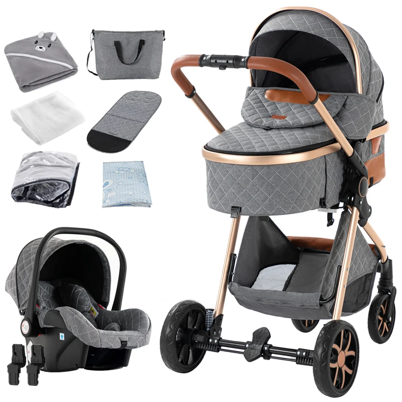 Luxe 3-in-1 babykinderwagen, kinderwagen en kinderwagen met afneembare reiswieg, gladde wielen en achterstel in meerdere hoeken