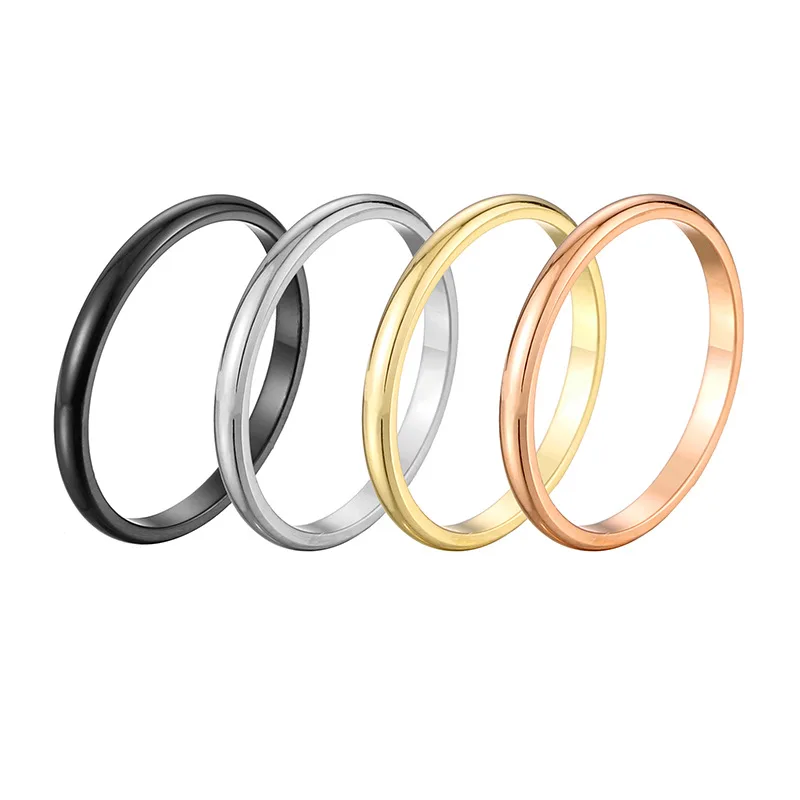 Pack of 4 2mm Small Mini Girl Women Rings Black Rose Gold Color Stainless Steel Simple Fashion Jewelry size 3 4 5 6 7 8 9 10