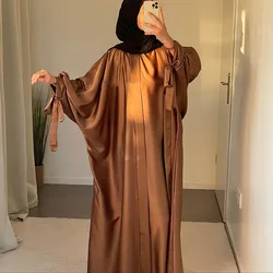 2 Stück Schmetterling Satin Abaya Set Krawatte Manschette Ärmel Kimono Match Innen Slip islamische Kleidung Dubai muslimische Frauen glänzendes Maxi kleid