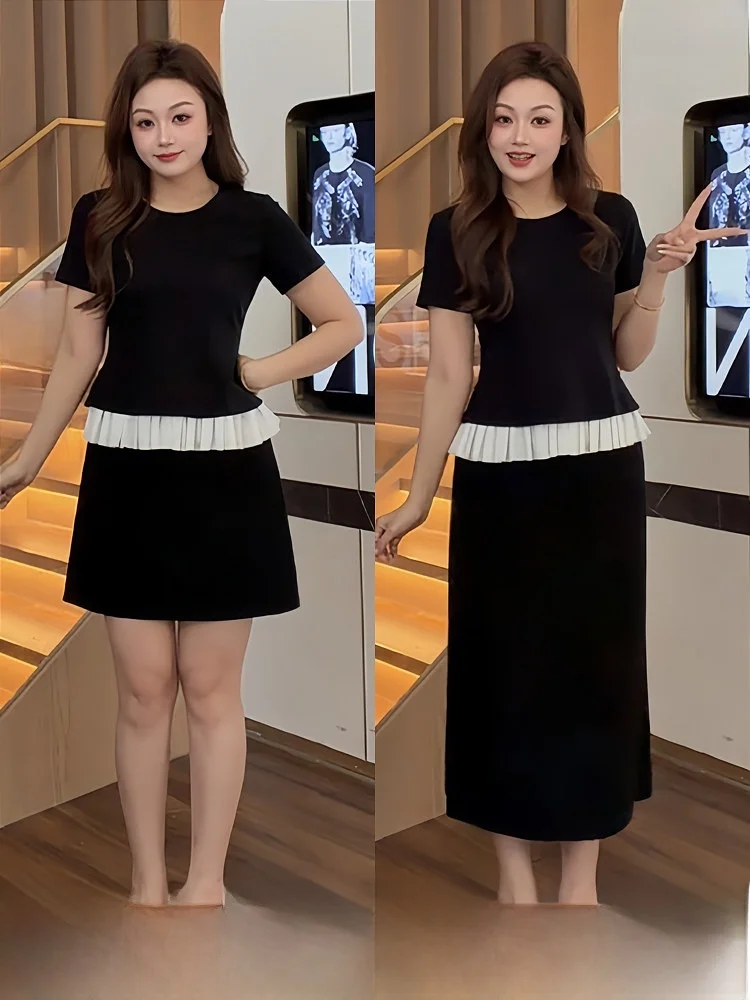 

Summer Floral T-Shirt And High Waist Skirt plus Size Women's Fashion Set Korean Style Short Sleeve Splicing Lace Trim