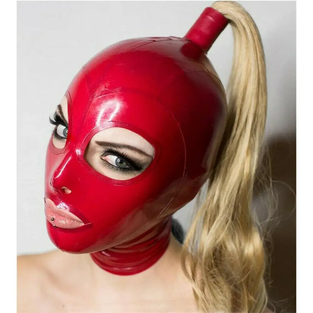 

Red Latex Mask Golden Wig Cosplay Masked Party Rubber Catsuits Bodysuits Hoods