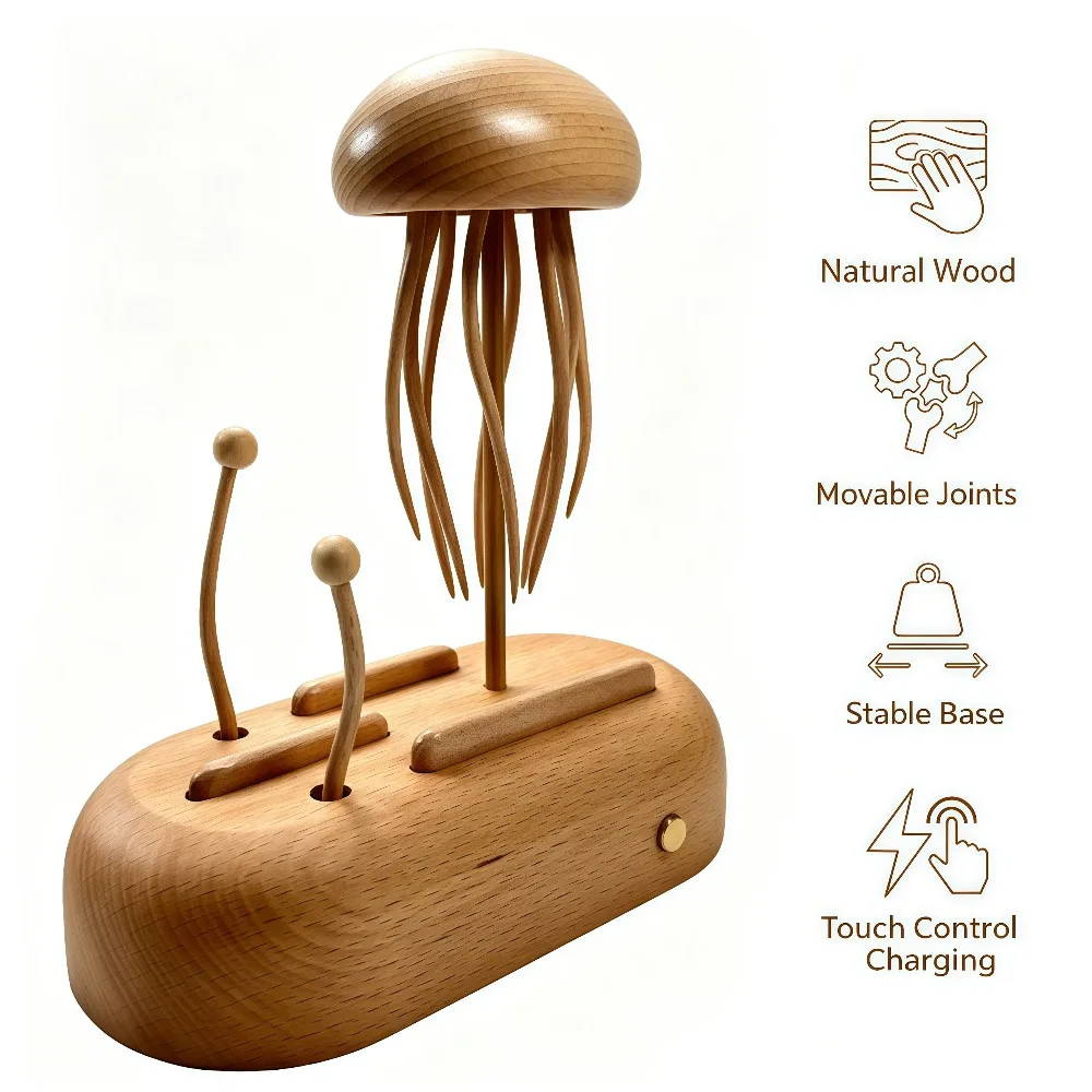 Handcrafted Wooden Jellyfish Automaton Kinetic Sculpture, Movable Moving Tentacles Mechanical Desk Ornament, Home Office Decor