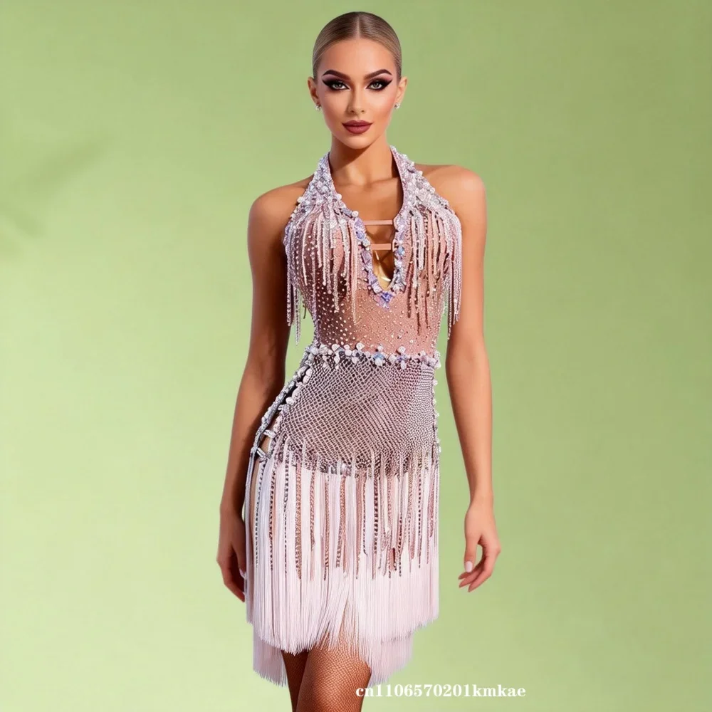 New Latin Dance Costume AB Stone Female Adult Girl High End Customized Super Flash Dress Samba Performance Dress