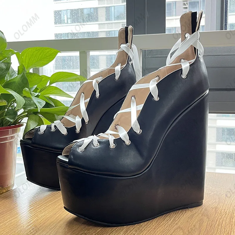 Olomm Handmade Women Platform Pumps Sexy Wedges High Heels Lace Up Charm Peep Toe Elegant Black Shoes Ladies Plus US Size 5-15