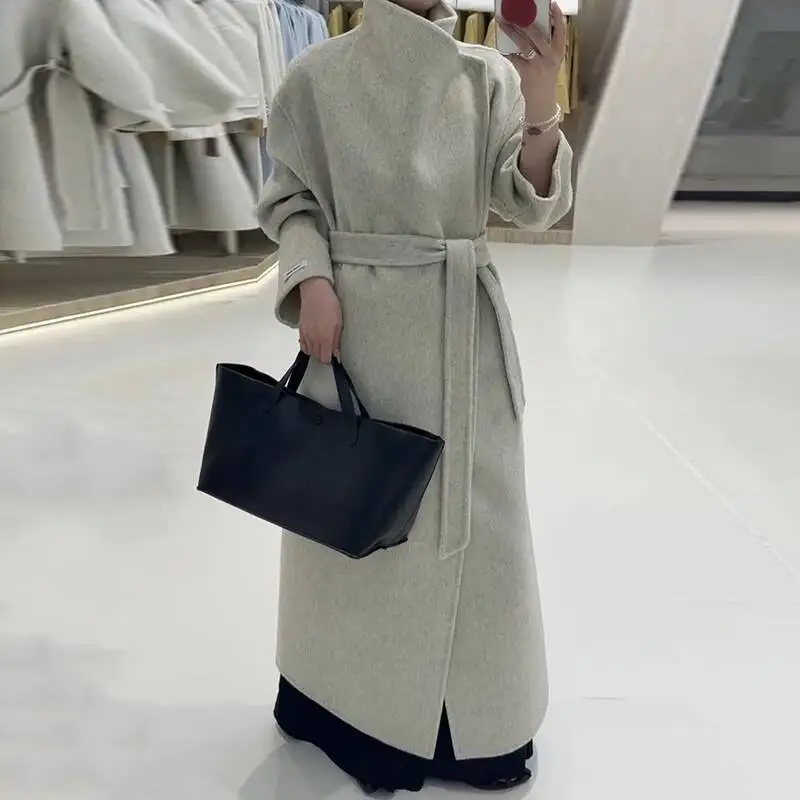 FANAN Two-Tone Lace-Up Waist-Cinching Design Drop Shoulder Long Sleeve Double-Sided Wool Coat Women's Korean Chic New Winter