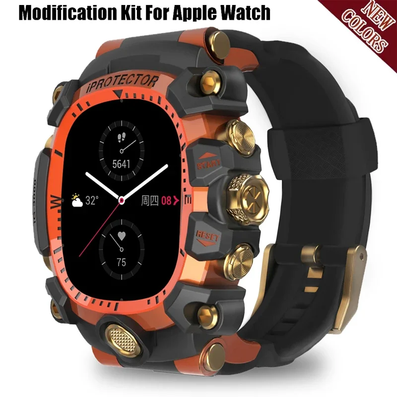 Luxury Modification Kit For Apple Watch 9 7 6 5 4 SE Metal Button Case+Rubber Strap Replacement Band Mod Kit For iWatch Series