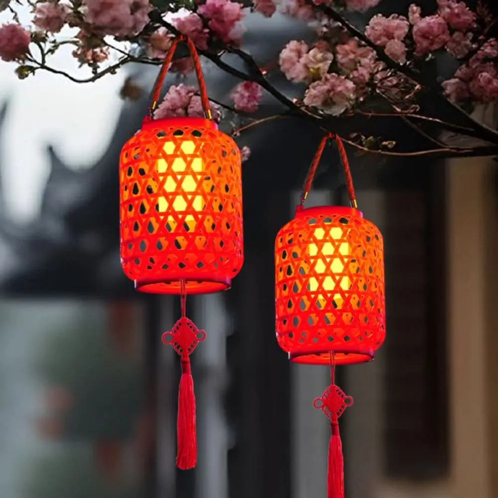 

Hanging Tree Solar Red Lantern With Chinese knot ABS Imitation Bamboo Lantern Atmosphere Retro Spring Festival Red Lantern