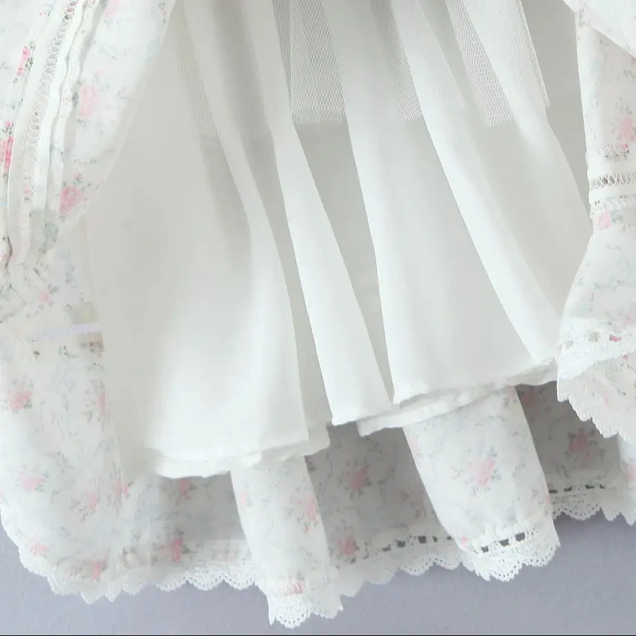 Sukienka damska bez rękawów z koronką, dekolt w serek, wzór kwiatowy w słodkiej bieli, łączona, z fiszbinami, wyszczuplająca, z niskim stanem, z zakładkami, suknia balowa, 2025