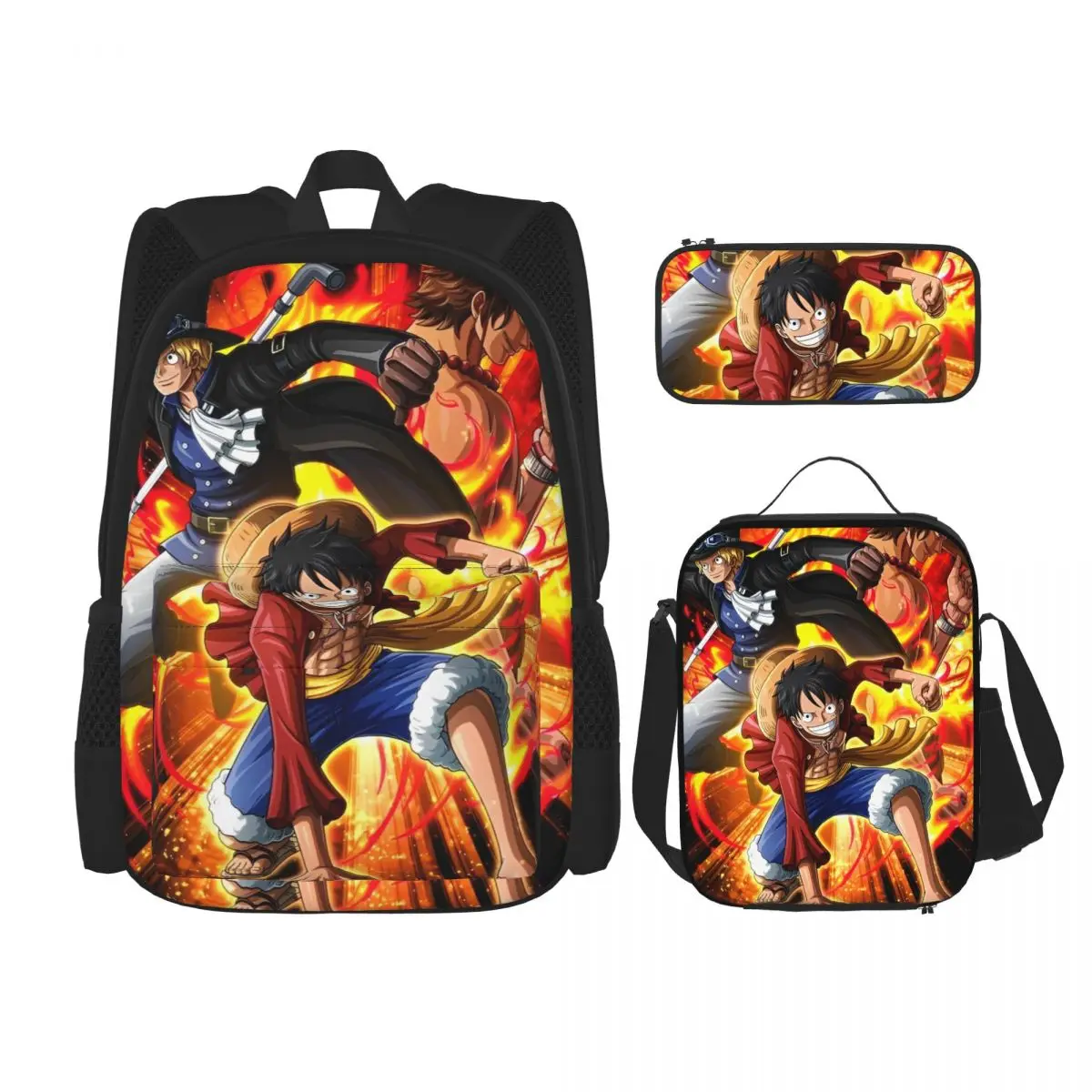 

3pecs/set Luffy Anime Backpack for Student Ace Luffy Sabo High School Canvas Bags Lunch bag Pencil Case