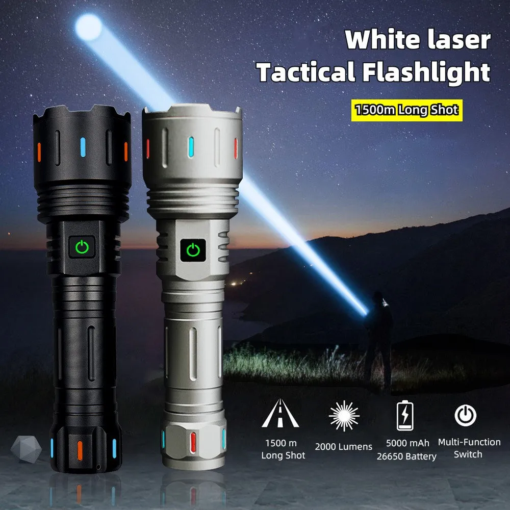 30W White Laser LED 3-Mode 2000 Lumens Zoomable Type C USB Rechargeable IPX6 Fluorescent Flashlight Torch Lamp