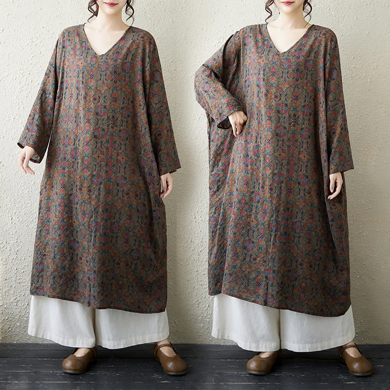Artistic Loose Midi Dress V-Neck Slimming Large Size Autumn Fashion City Walk Cotton Polyester Long Sleeve Straight Cut Dress