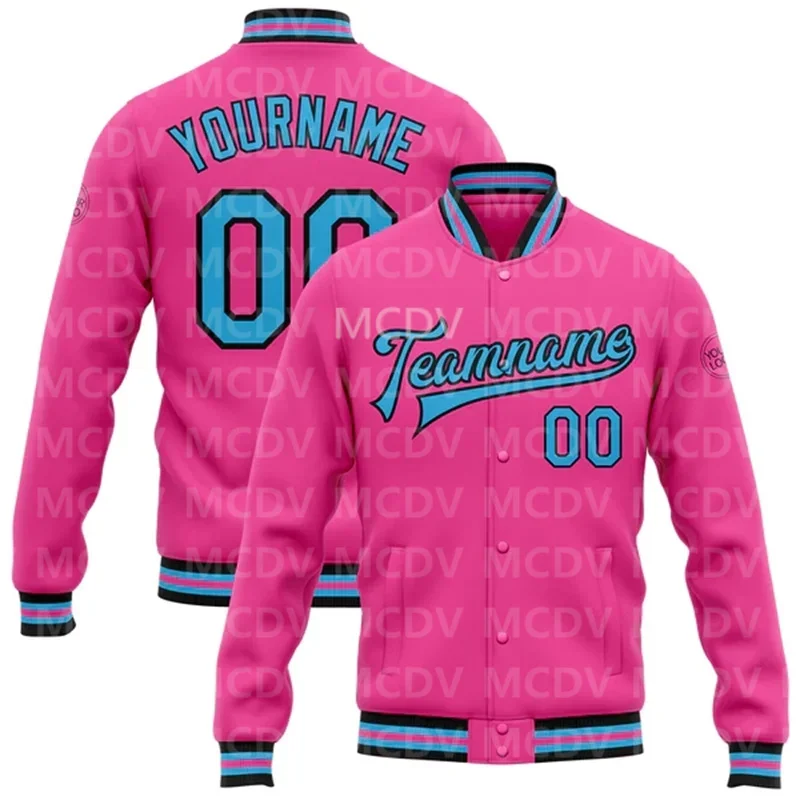 Custom Pink Sky Blue-Black Bomber Full-Snap Varsity Letterman Jacket  Baseball Button Jacket