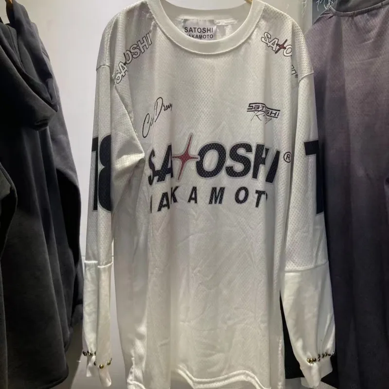 Asian Code Breathable Mesh Patchwork SATOSHI Long Sleeve No.18 Jersey Racing Print Nail Bead Tshirts Men Women Sports Streetwear