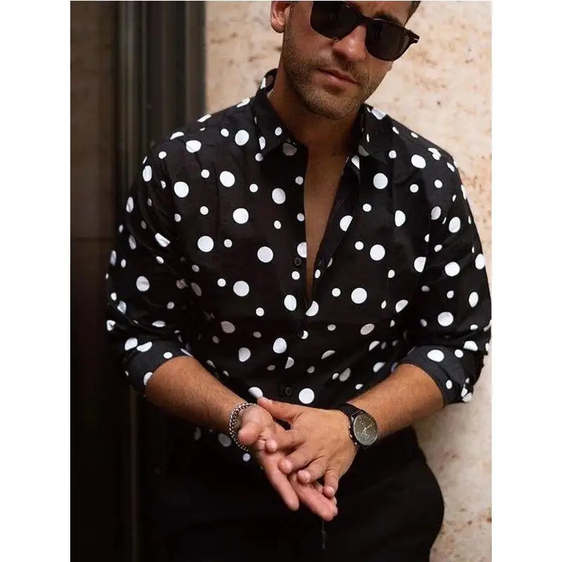 

Polkadot Print Long Sleeve Shirt Men's Casual Cleanfit Polyester Fiber A-Line Sleeve Thin Thin Style Spring Season China Made
